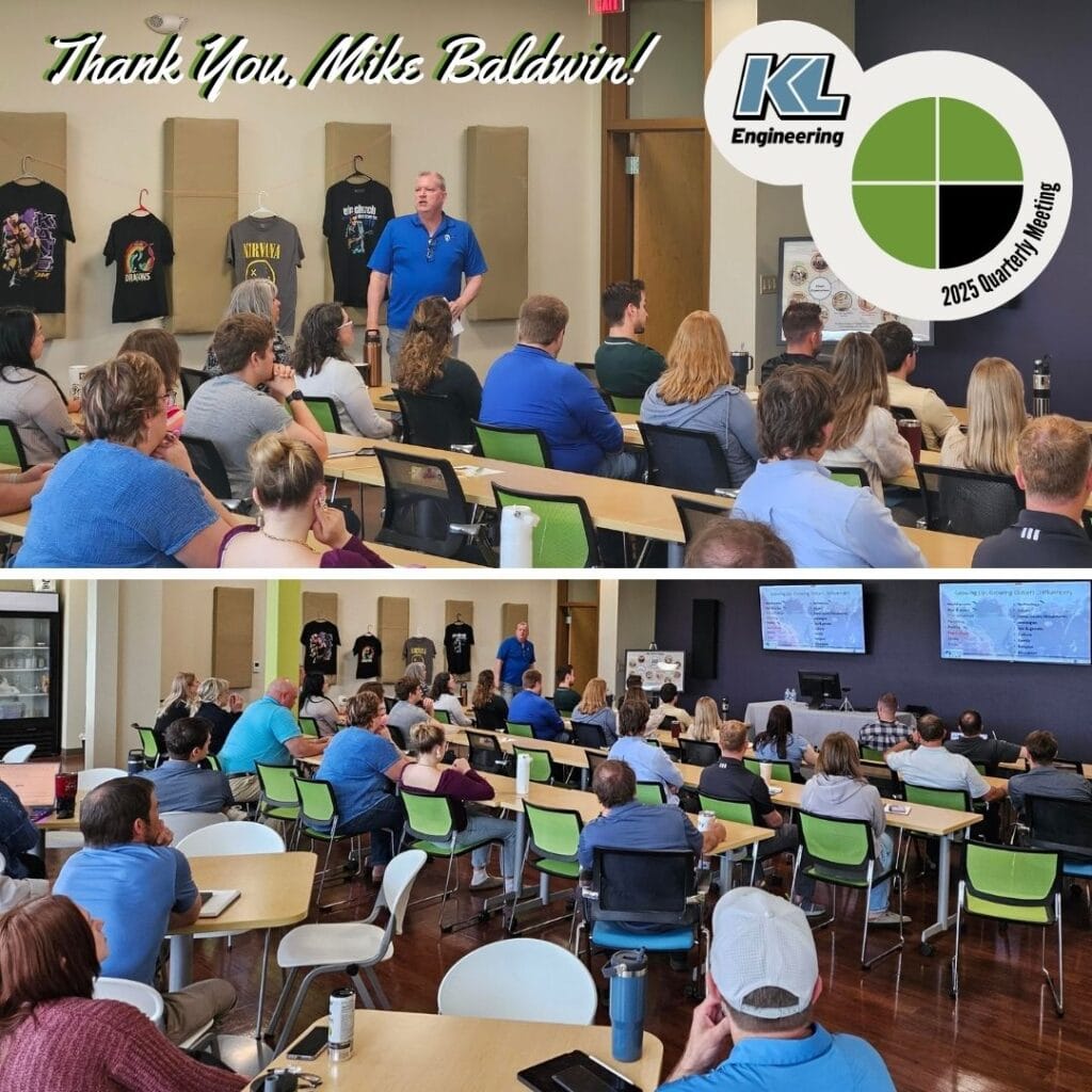 Photos from the event with Mike Baldwin presenting, 'Thank you, Mike Baldwin!' text and KL 2025 Quarterly Meeting logo.
