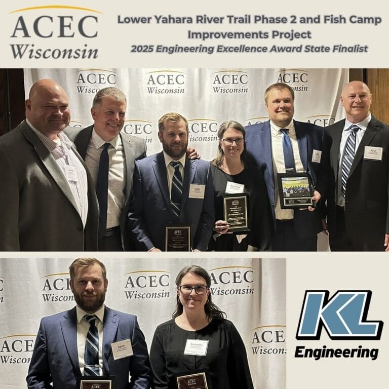 Graphic includes the ACEC Wisconsin Logo, the text "Lower Yahara River Trail Phase 2 and Fish Camp Improvements Project 2025 Engineering Excellence Award State Finalist" with photos from the event and KL's logo.