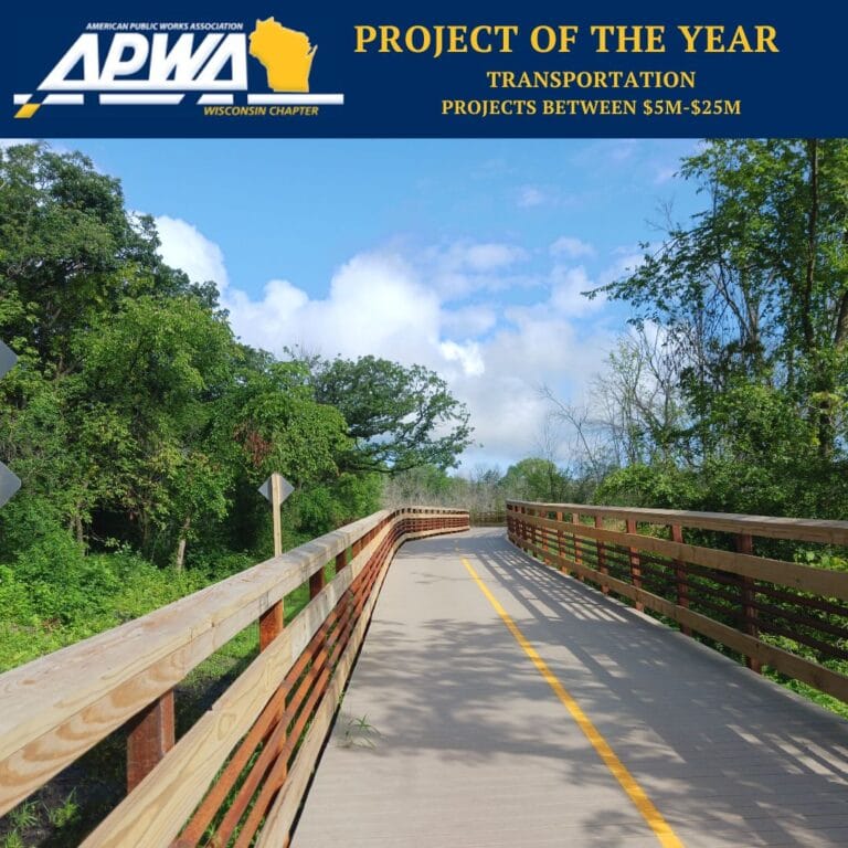 Graphic includes the logo for "APWA Wisconsin Chapter," as well as "Project of the year Transportation, Projects between $5M-25M Dollars" and a photo of the LYRT.