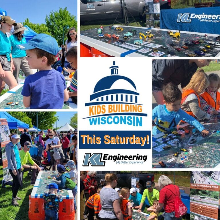 Graphic includes the text "This Saturday!" along with some photos from a previous Kids Build Wisconsin Event.