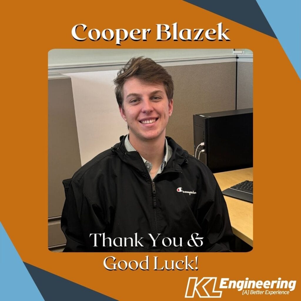 Graphic includes a photo of Cooper at his desk on an orange background, with his name and the text "Thank you, and Good Luck!" with the KL Logo and some blue accents on the corners.