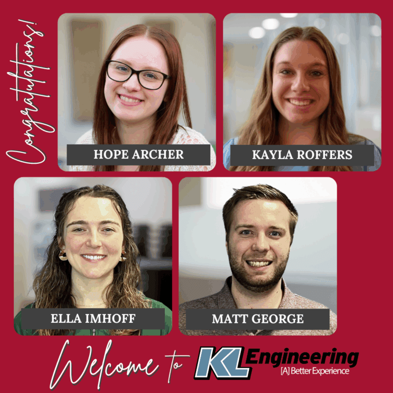 Graphic includes the words, "Congratulations!" with the headshots of the four new employees on a red background with "Welcome to KL Engineering" on the bottom.