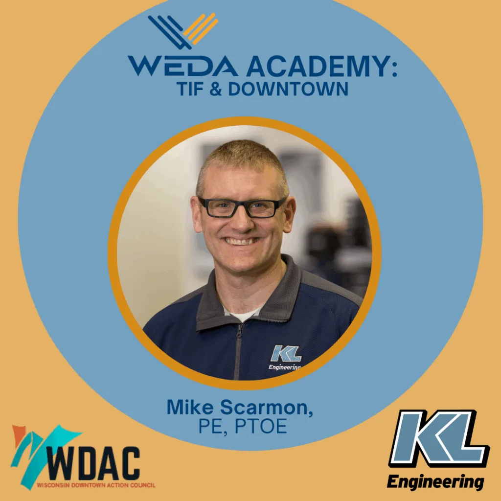 Graphic includes logos for WEDA, WDAC, and KL Engineering, along with Mike Scarmon's headshot.