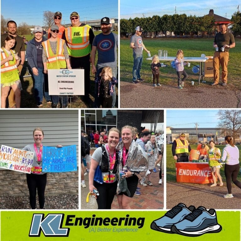 Photos from the event showing KL staff handing out water to runners and photos of Morgan with signs her family made and at the end of the race, set to upbeat music.