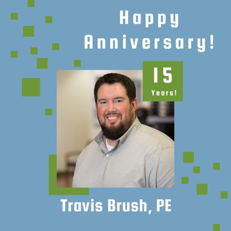 Graphic includes a photo of Travis on a light blue background, with green square accents around the photo.