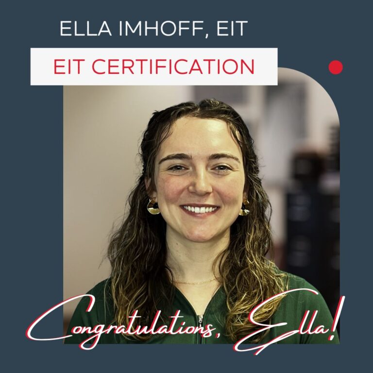 Headshot of Ella with EIT after her name, EIT Certification, and Congratulations sentiment on a navy background.