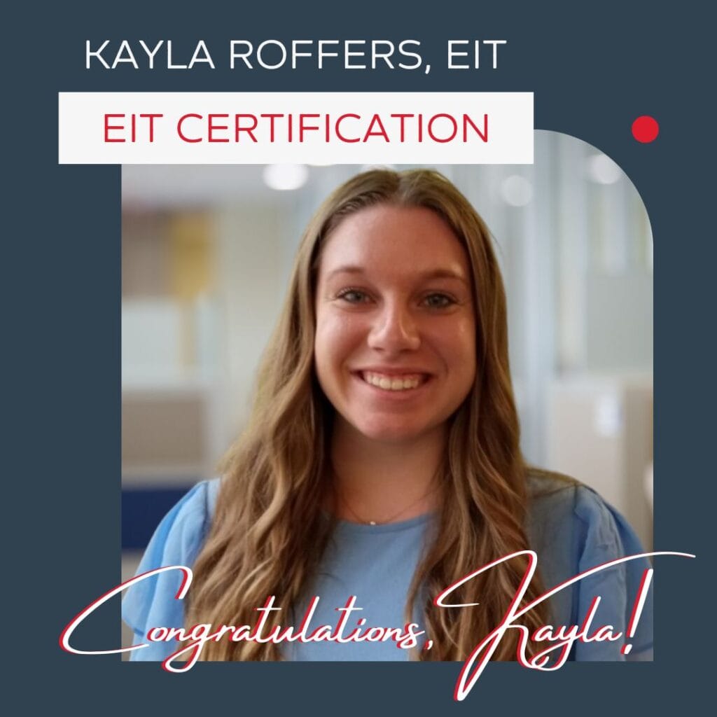 Headshot of Kayla with EIT after her name, EIT Certification, and Congratulations sentiment on a navy background.