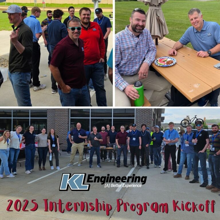 Photos from our kickoff party showing people gathered and talking and eating outside. KL logo and 2025 Internship Program title.