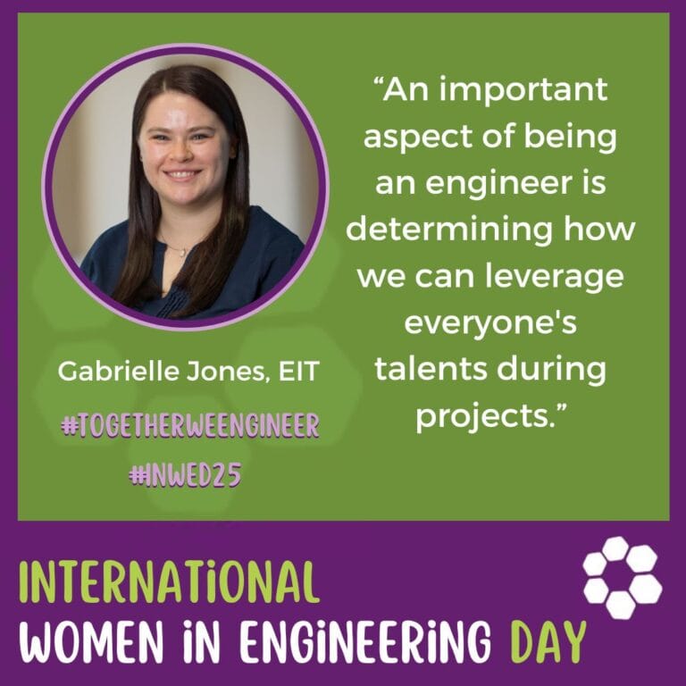 Graphic includes a quote from Gabrielle Jones, as well as the IWED logo and color scheme of green and purple.