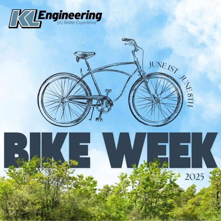 Graphic includes a blue sky in the background and a treeline across the bottom. The KL Engineering logo is in the top left corner, above a line drawing of a bike with the dates of Wisconsin Bike Week and the text Bike Week across the image.