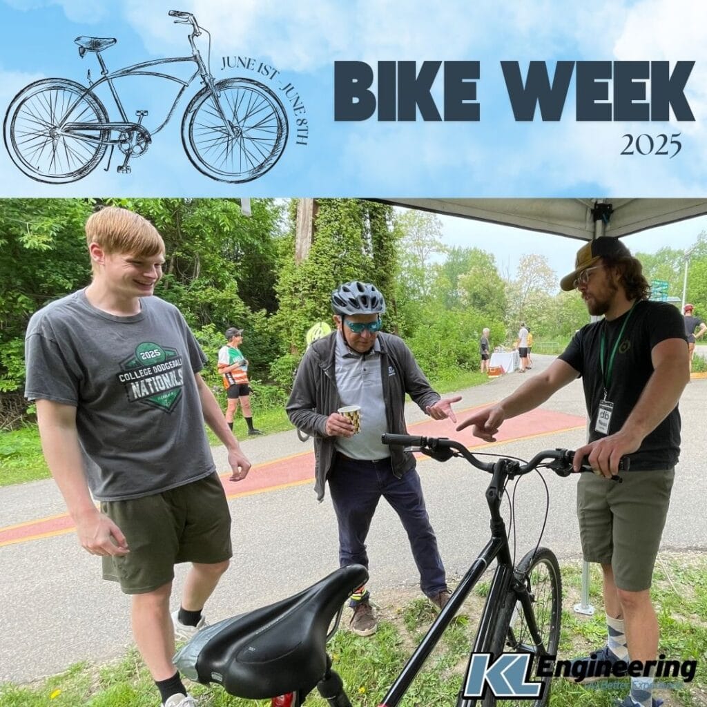 Graphic includes the text "Bike Week 2025" on a sky blue background across the top, as well as a photo of folks who attended the event getting a bike tune up.