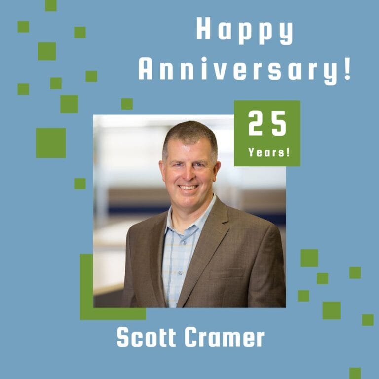 Graphic includes a photo of Scott on a light blue background, with green square accents around the photo.