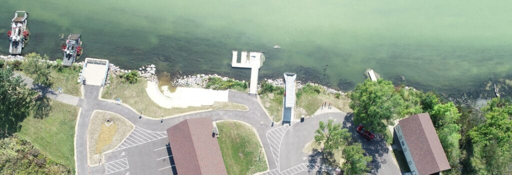 Aerial of Fish Camp County Park showing parking lots, accessible piers and boat launch.
