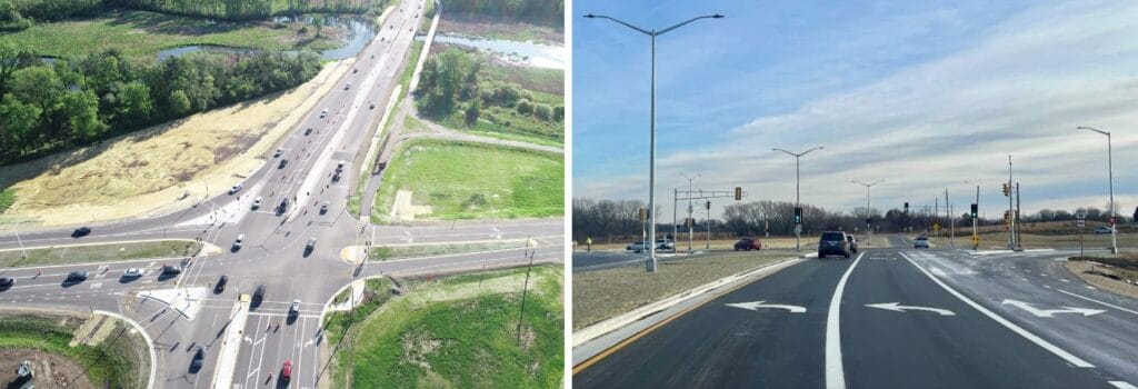 CTH M Reconstruction Project photos showing one of the new intersections (CTH K) from the ground and aerial view.