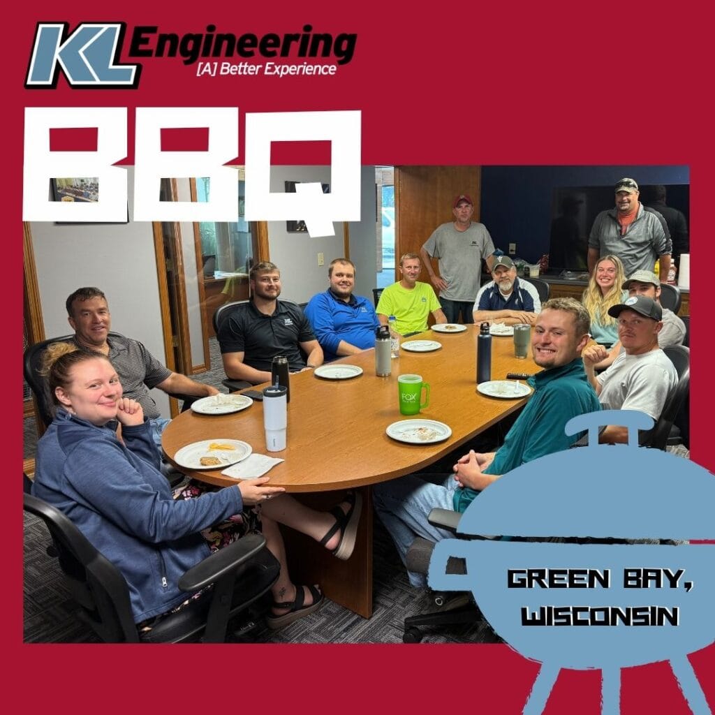 Graphic includes a photo of some of the KL Green Bay team enjoying food together around a table on a red background, with a grill logo and KL Engineering's logo in the top left corner on a red background.