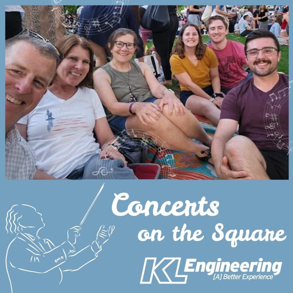 Graphic includes a photo of some KL team members smiling on a lawn listening to the concert on the square in Madison, along with the KL Engineering logo.