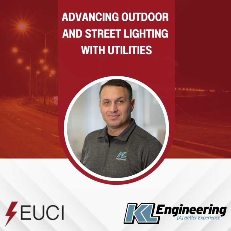 Graphic includes the EUCI logo and KL Engineering's logo in the lower corners, as well as red accents and a photo of streetlights on the upper half of the graphic. Chris Halverson's headshot is in the center of the graphic.