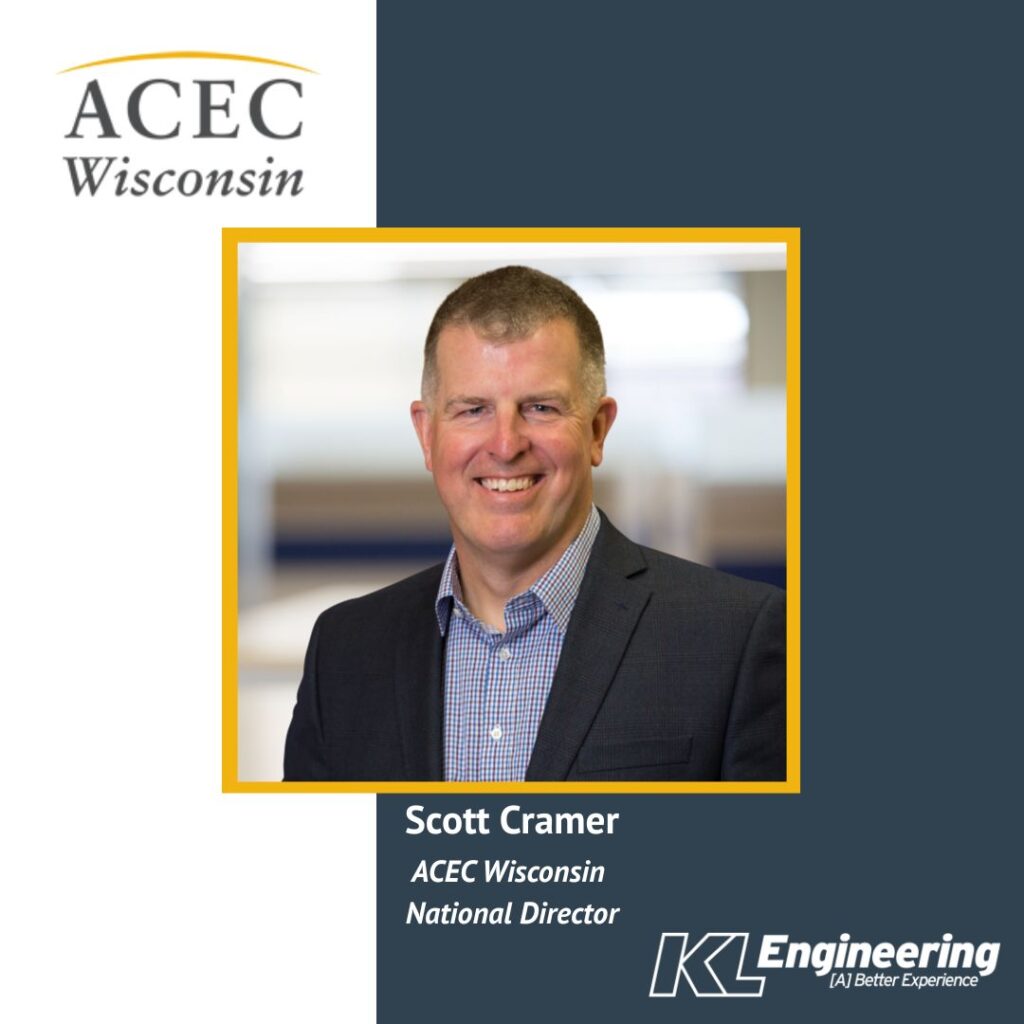 Graphic includes a photo of Scott Cramer, ACEC Wisconsin's logo, on a dark blue and white background with goldenrod accents.