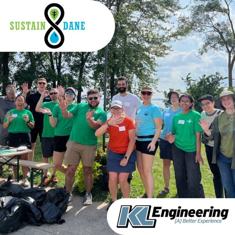Graphic includes a group photo of the participants in the event, as well as logos for Sustain Dane and KL Engineering.