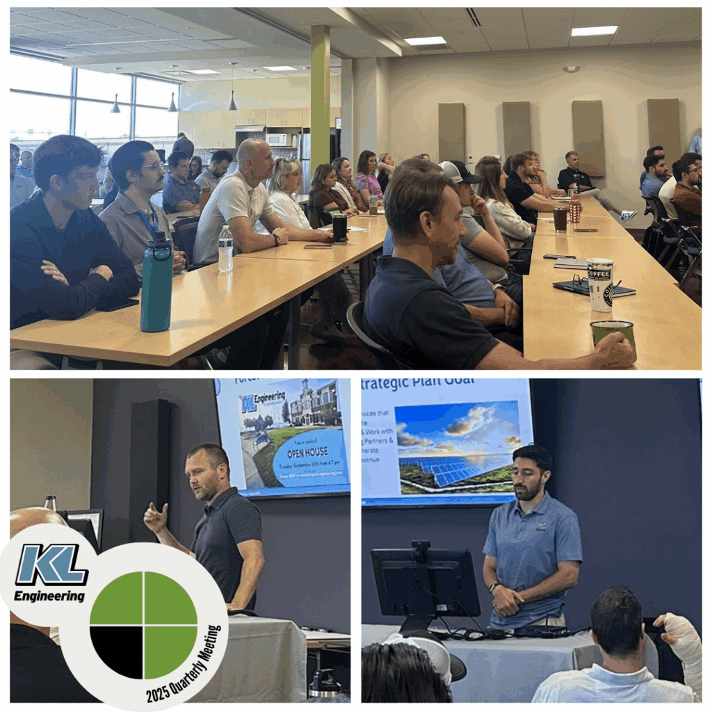 Graphic includes photos from the KL Engineering Quarterly Meeting, one group shot and two of the speakers at the meeting.