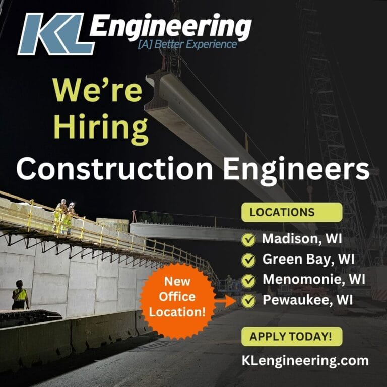 Photo of KL project with bridge beam being place during night construction. "We're hiring Construction Engineers" title with office locations, apply today, and KL website, along with KL logo.