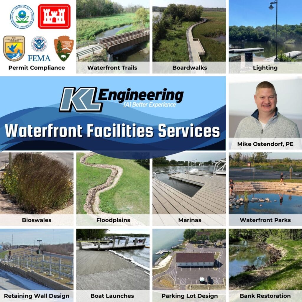 Graphic with numerous photos depicting different elements of Waterfront Facility projects that KL Engineering can assist with. Wave graphic and KL logo.
