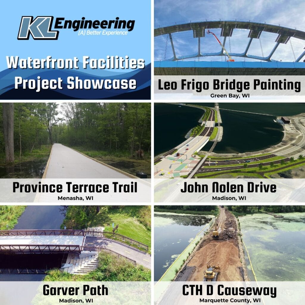 Graphic of photos from different Waterfront Facility project KL has completed. Wave graphic and KL logo.