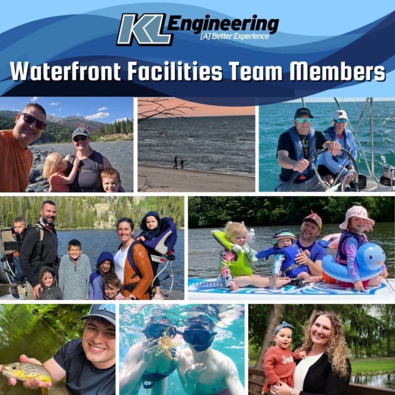 Graphic of photos of KL employees enjoying water activies with their families, such as fishing, paddleboarding, hiking on waterfront trails or to water-related destinations. Wave graphic and KL logo.