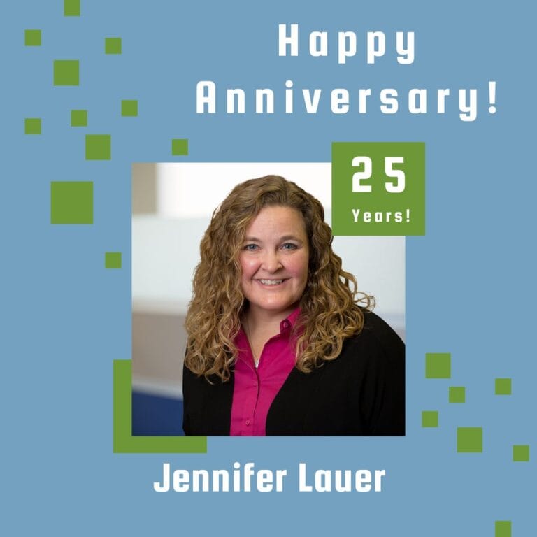 Graphic includes a photo of Jennifer on a light blue background, with green square accents around the photo and the KL Logo on the bottom.