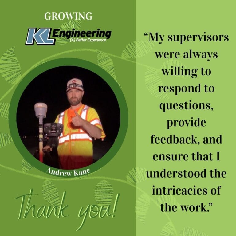 Graphic is light green with some foliage, with a photo of the intern being celebrated and a quote from their reflection on their time at KL Engineering this summer.