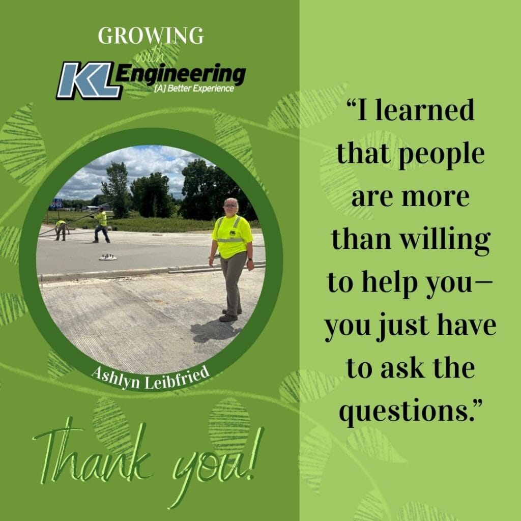 Graphic is light green with some foliage, with a photo of the intern being celebrated and a quote from their reflection on their time at KL Engineering this summer.