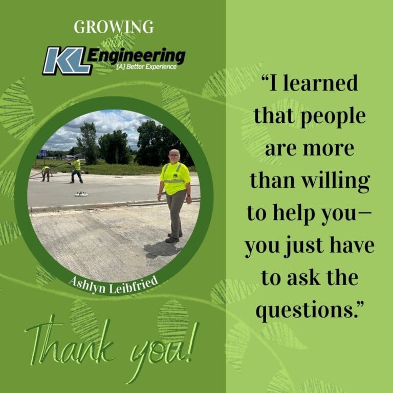 Graphic is light green with some foliage, with a photo of the intern being celebrated and a quote from their reflection on their time at KL Engineering this summer.