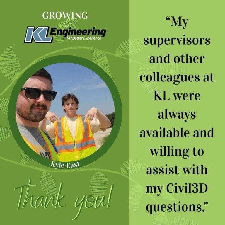 Graphic is light green with some folliage, with a photo of the intern being celebrated and a quote from their reflection on their time at KL Engineering this summer.