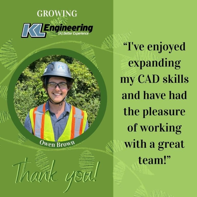 Graphic is light green with some foliage, with a photo of the intern being celebrated and a quote from their reflection on their time at KL Engineering this summer.