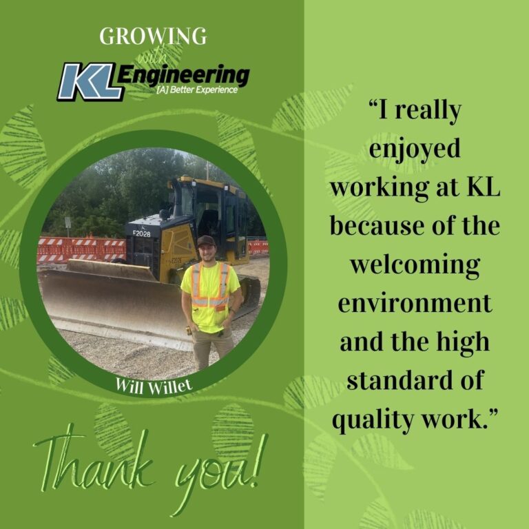 Graphic is light green with some folliage, with a photo of the intern being celebrated and a quote from their reflection on their time at KL Engineering this summer.