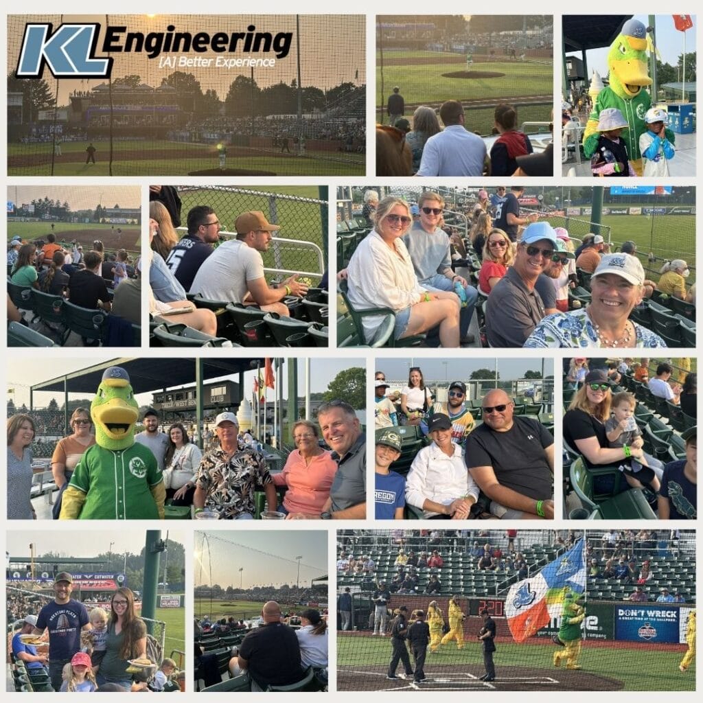 Graphic includes a collage of photos from the baseball game and the KL Engineering Logo.