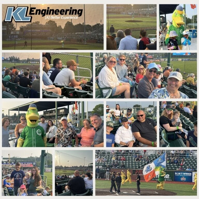 Graphic includes a collage of photos from the baseball game and the KL Engineering Logo.