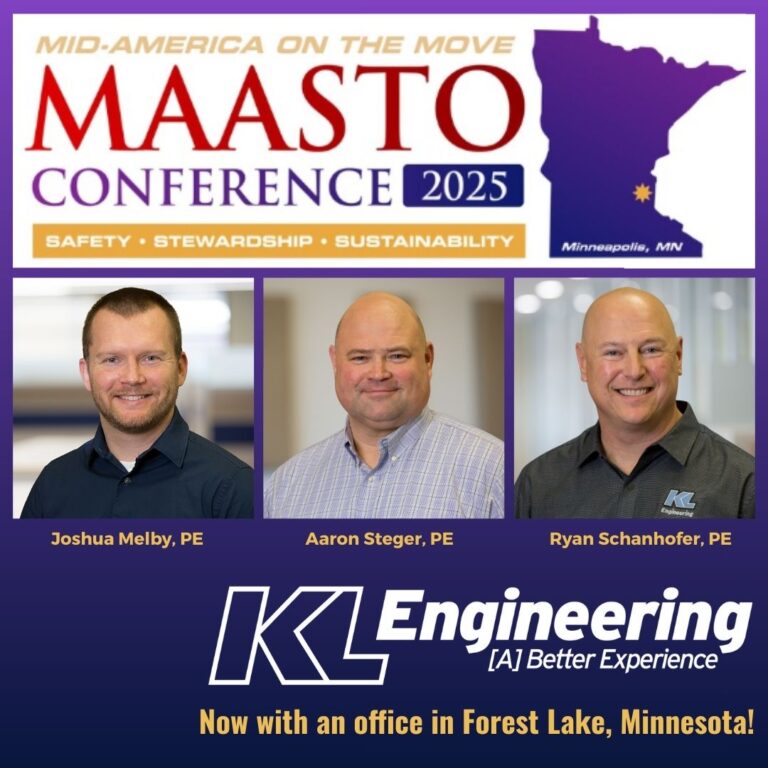 Graphic is on a purple gradient background with the logo for the conference, along with the headshots of the employees attending the event and KL Engineering's logo.