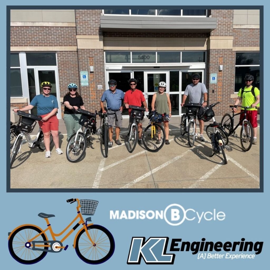 Graphic includes a photo of folks on bikes on a light blue background. There are also logos for Madison BCycle and KL Engineering.