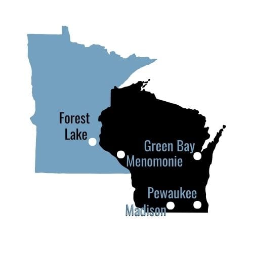 graphic of WI and MN with office locations shown as dots and labeled