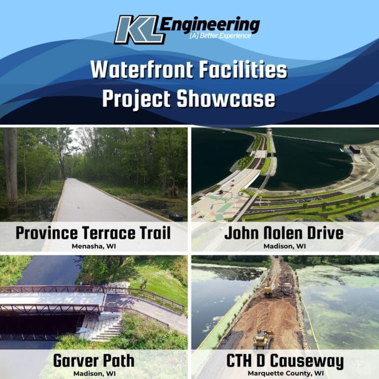 Graphic of photos from different Waterfront Facility project KL has completed. Wave graphic and KL logo.
