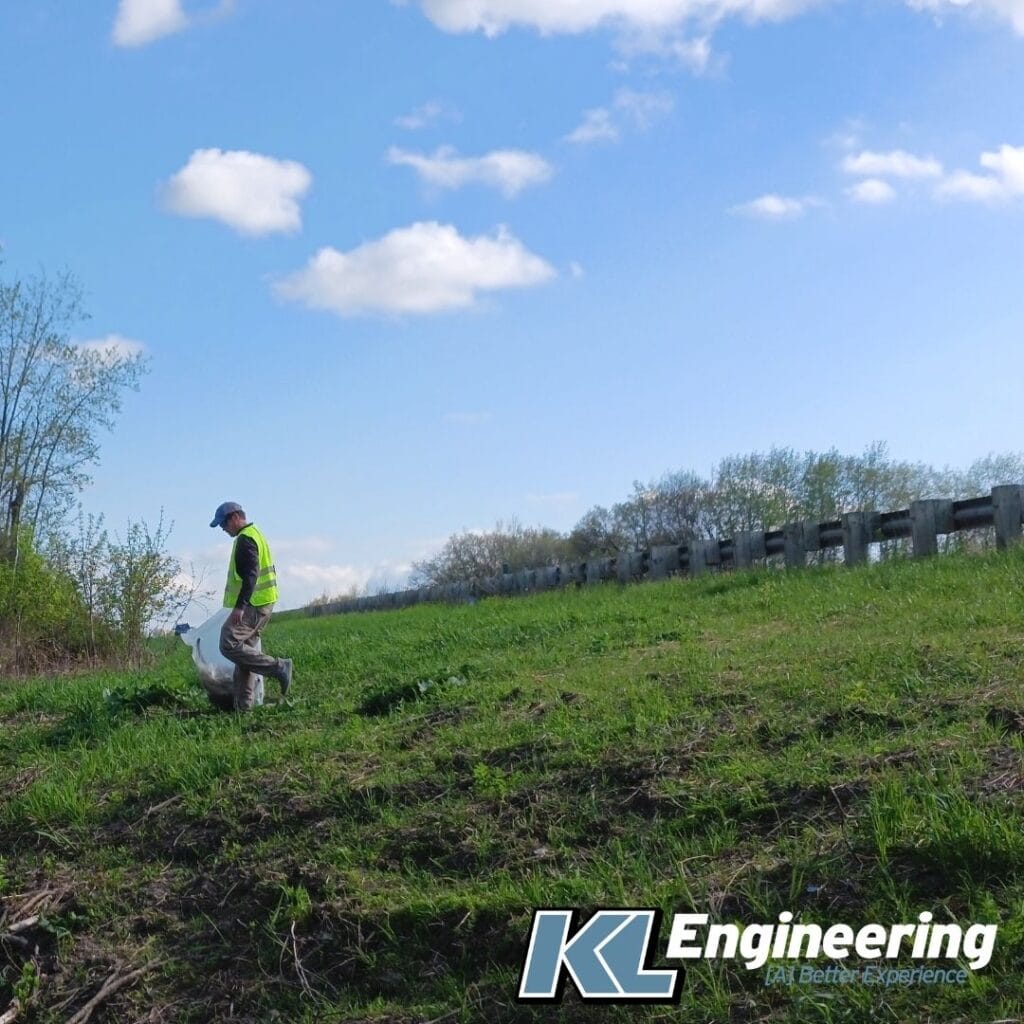 Graphic includes a photo of someone picking up trash in a hi-vis vest on a pretty hillside, with a partly cloudy blue sky.