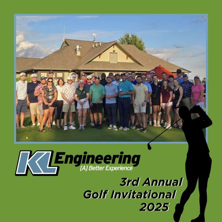 Graphic includes a group photo outside the country club, with KL's logo and the text "3rd Annual Golf Invitational 2025."