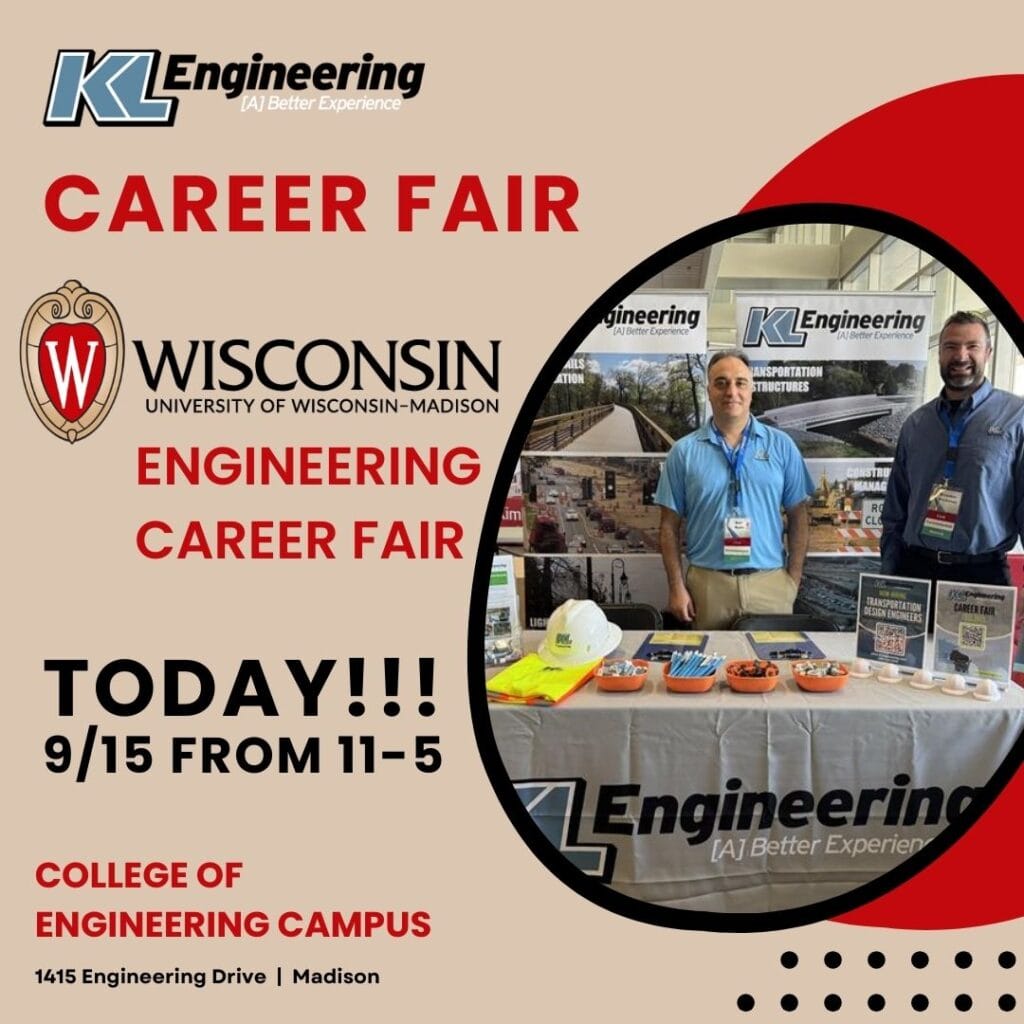 Photo of fellas in post and details of the career fair with UW-Madison and KL logos.