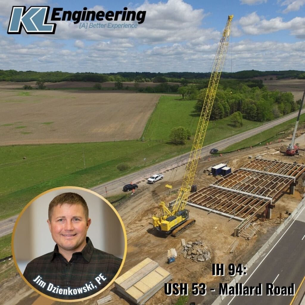 Graphic includes a headshot of the person highlighted in the post, as well as the KL Engineering logo with the background of the section of IH-94 project mentioned in the post.