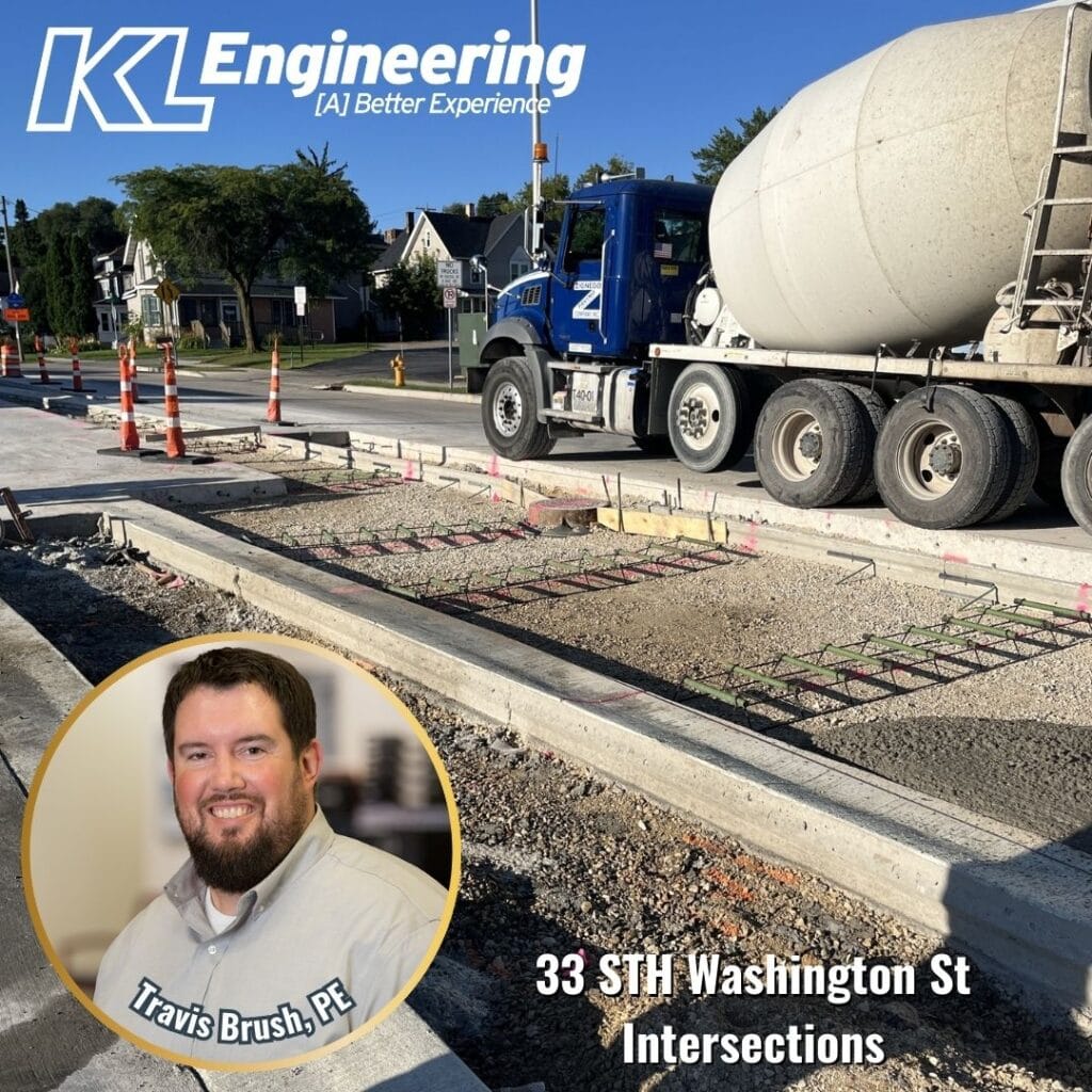 Graphic includes a headshot of the person highlighted in the post, as well as the KL Engineering logo with the background of the section of IH-94 project mentioned in the post.