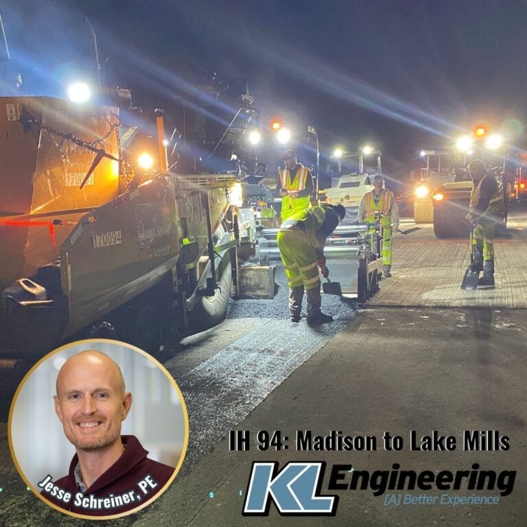 Graphic includes a headshot of the person highlighted in the post, as well as the KL Engineering logo with the background of the section of IH-94 project mentioned in the post.