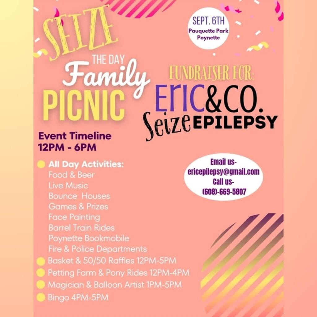 Graphic includes the details about the picnic, along with an email--ericepilepsy@gmail.com-- and a phone number, 608-669-5807.