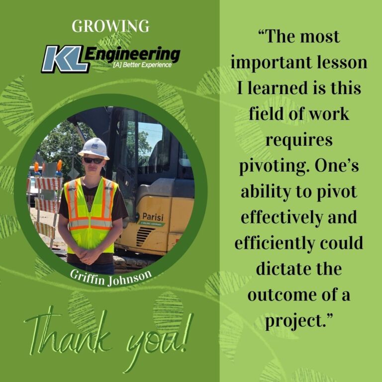 Graphic is light green with some foliage, with a photo of the intern being celebrated and a quote from their reflection on their time at KL Engineering this summer.