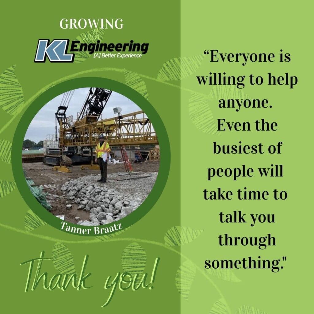 Graphic is light green with some foliage, with a photo of the intern being celebrated and a quote from their reflection on their time at KL Engineering this summer.